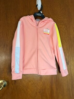 Puma Girls Coral Pink Hooded Zip Sweatshirt with Color-Block Sleeves